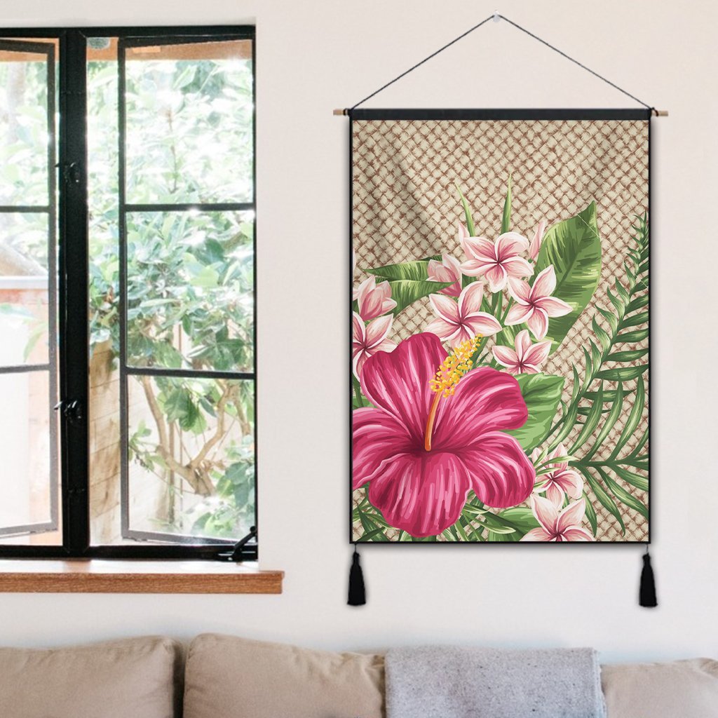 Hawaiian Hibiscus Plumeria Palm Leaves Lauhala Background Polynesian Hanging Poster - AH - Polynesian Pride