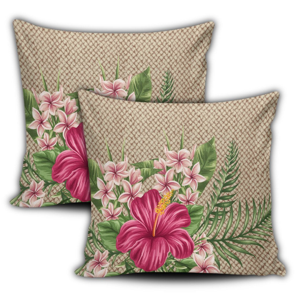 Hawaiian Hibiscus Plumeria Palm Leaves Lauhala Background Polynesian Pillow Covers - AH - Polynesian Pride