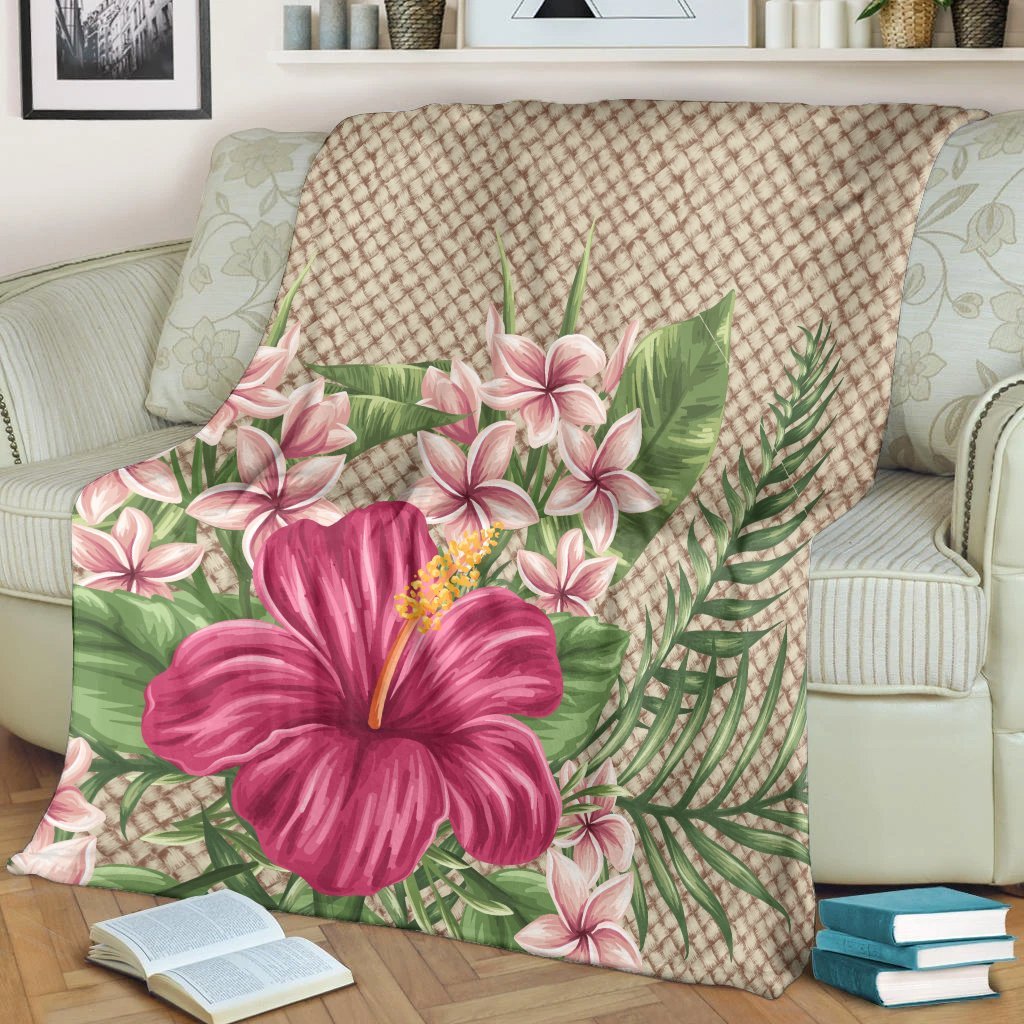 Hawaiian Hibiscus Plumeria Palm Leaves Lauhala Background Polynesian Premium Blankets - AH - Polynesian Pride
