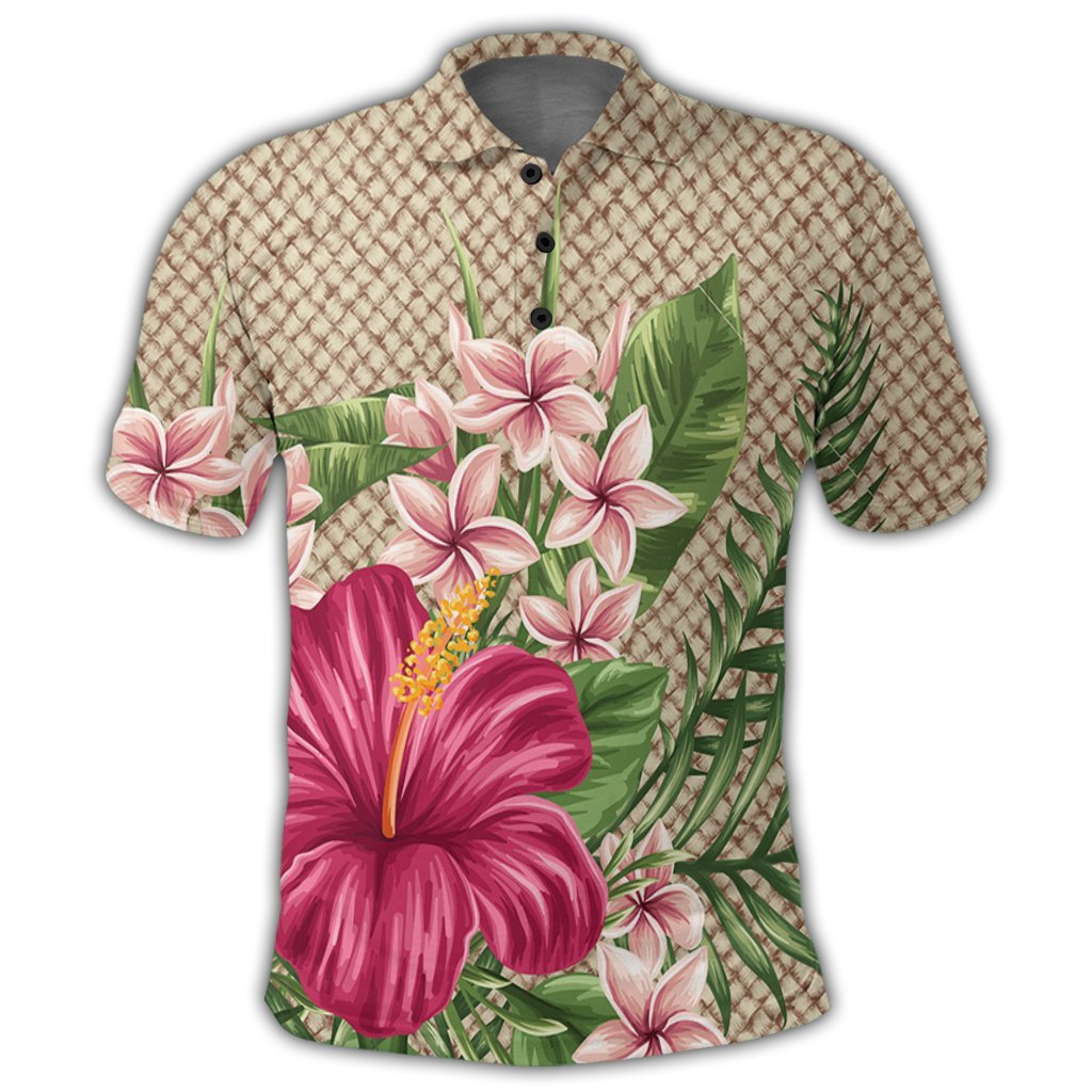 Hawaiian Hibiscus Plumeria Palm Leaves Lauhala Background Polynesian Polo Shirt - Polynesian Pride