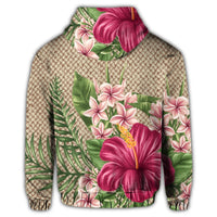 Hawaiian Hibiscus Plumeria Palm Leaves Lauhala Background Polynesian Hoodie - Polynesian Pride