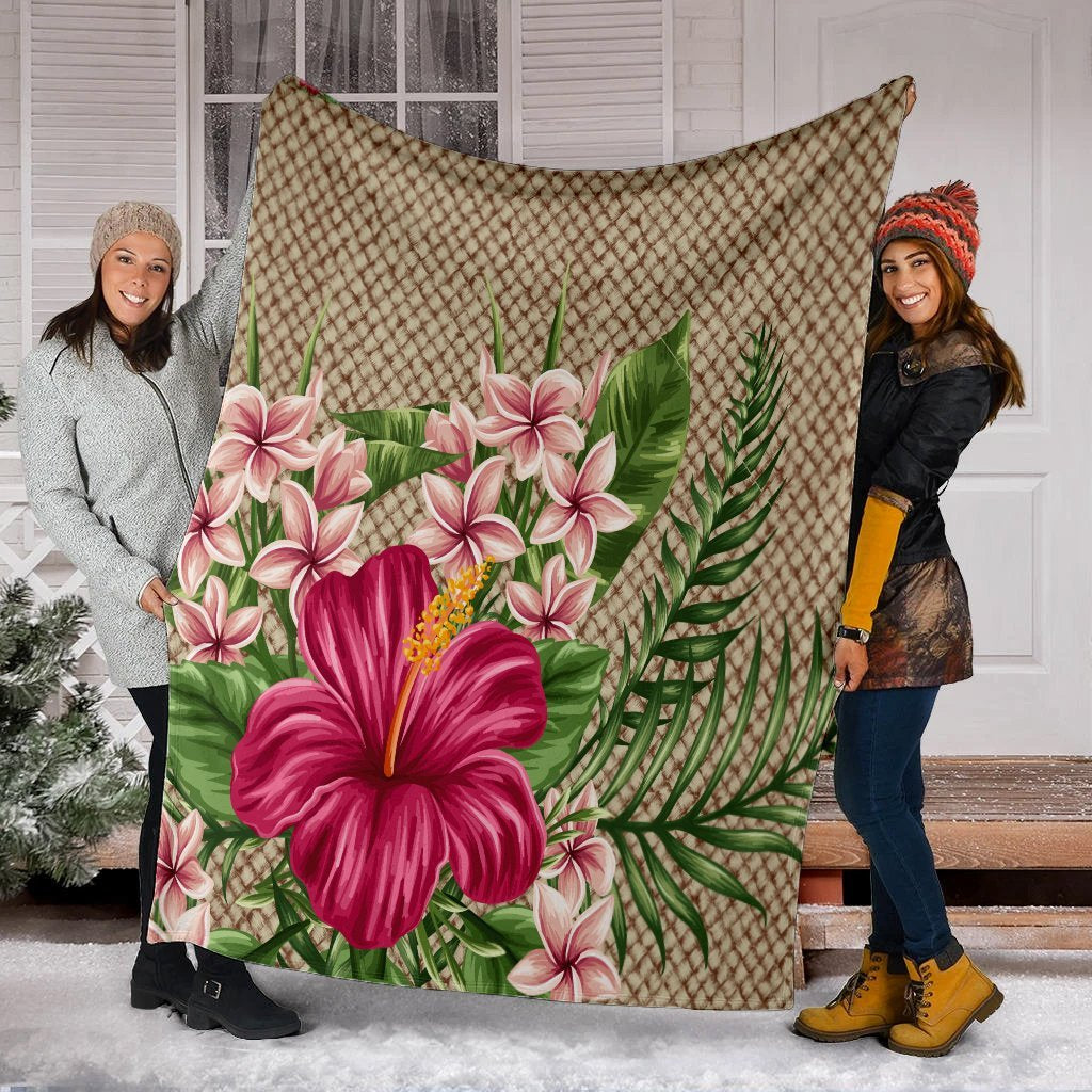 Hawaiian Hibiscus Plumeria Palm Leaves Lauhala Background Polynesian Premium Blankets - AH - Polynesian Pride