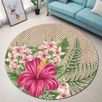 Hawaiian Hibiscus Plumeria Palm Leaves Lauhala Background Polynesian Round Carpet - AH - Polynesian Pride