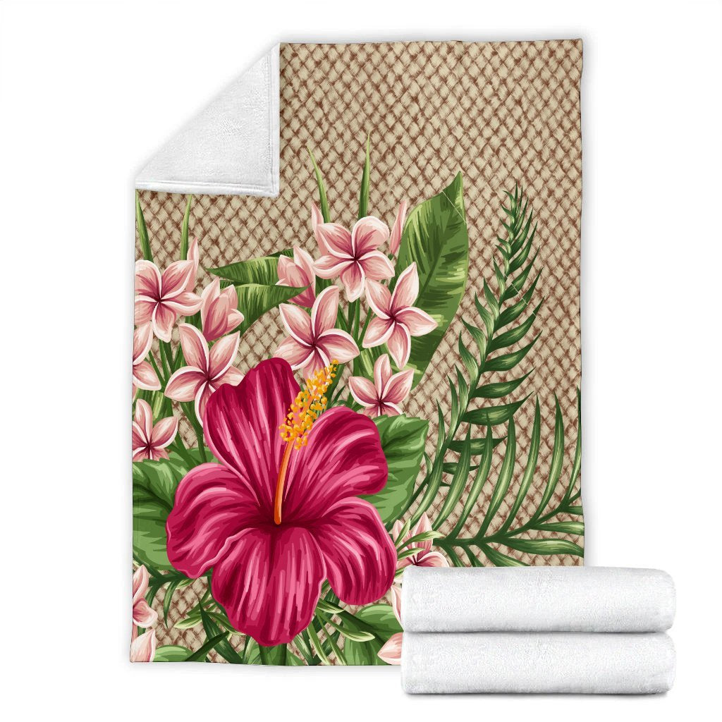 Hawaiian Hibiscus Plumeria Palm Leaves Lauhala Background Polynesian Premium Blankets - AH - Polynesian Pride