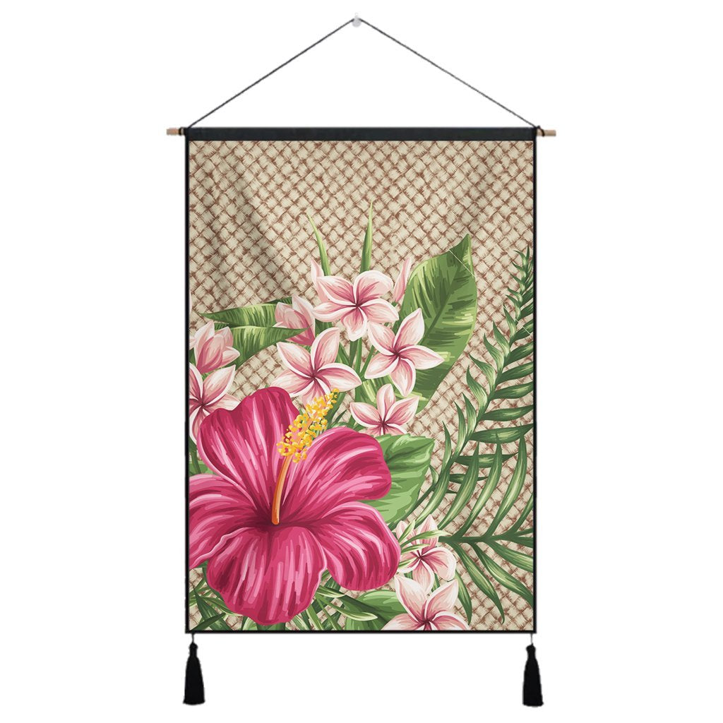Hawaiian Hibiscus Plumeria Palm Leaves Lauhala Background Polynesian Hanging Poster - AH Hanging Poster Cotton And Linen - Polynesian Pride