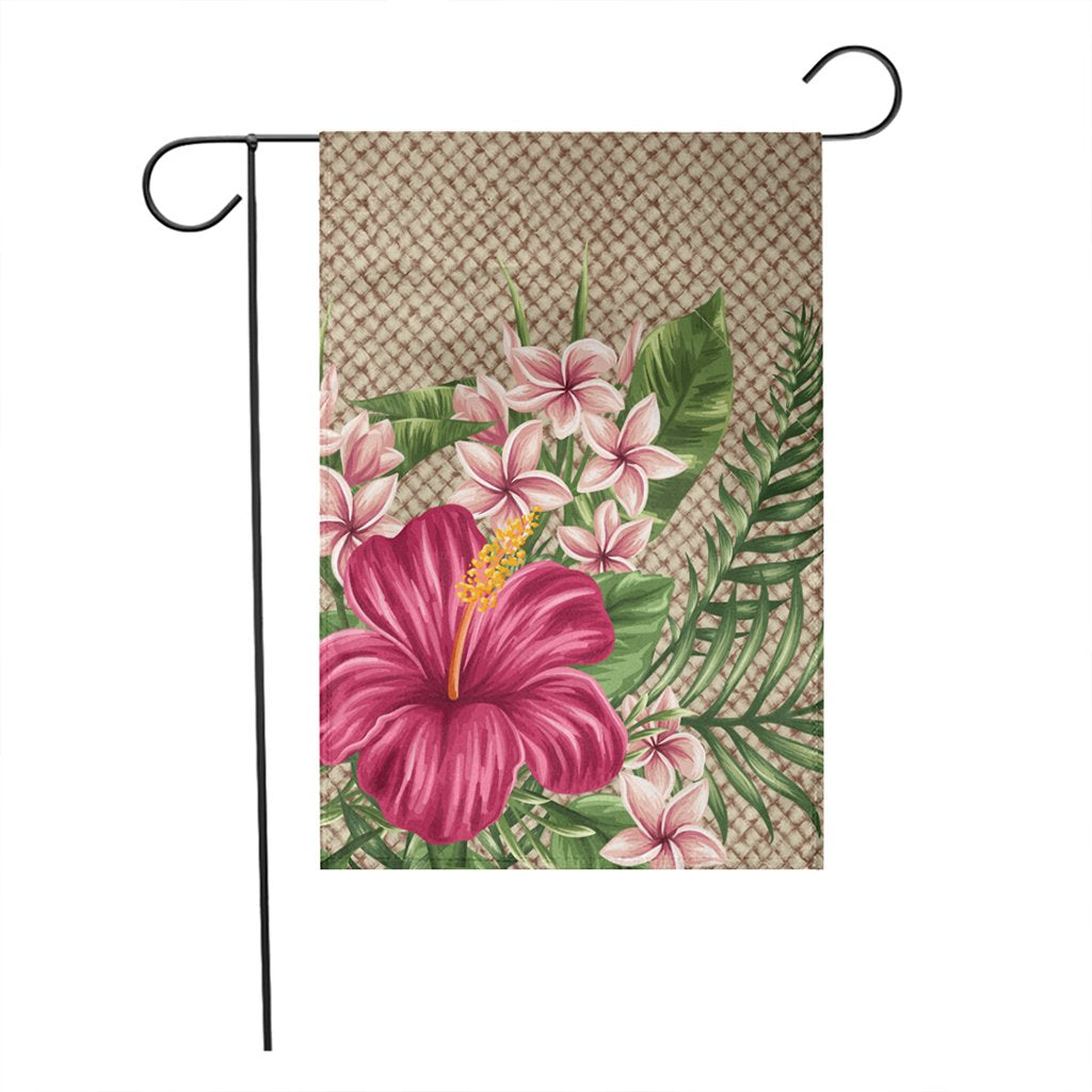 Hawaiian Hibiscus Plumeria Palm Leaves Lauhala Background Polynesian Flag - AH - Polynesian Pride