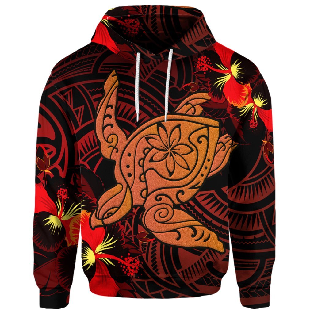 Custom Hawaiian Hibiscus Plumeria Red Big Turtle Polynesian Hoodie - Polynesian Pride
