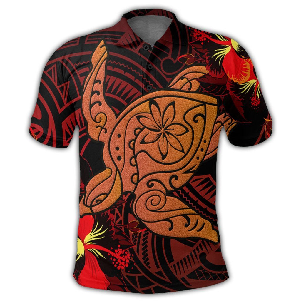 Hawaiian Hibiscus Plumeria Red Big Turtle Polynesian Polo Shirt - Polynesian Pride