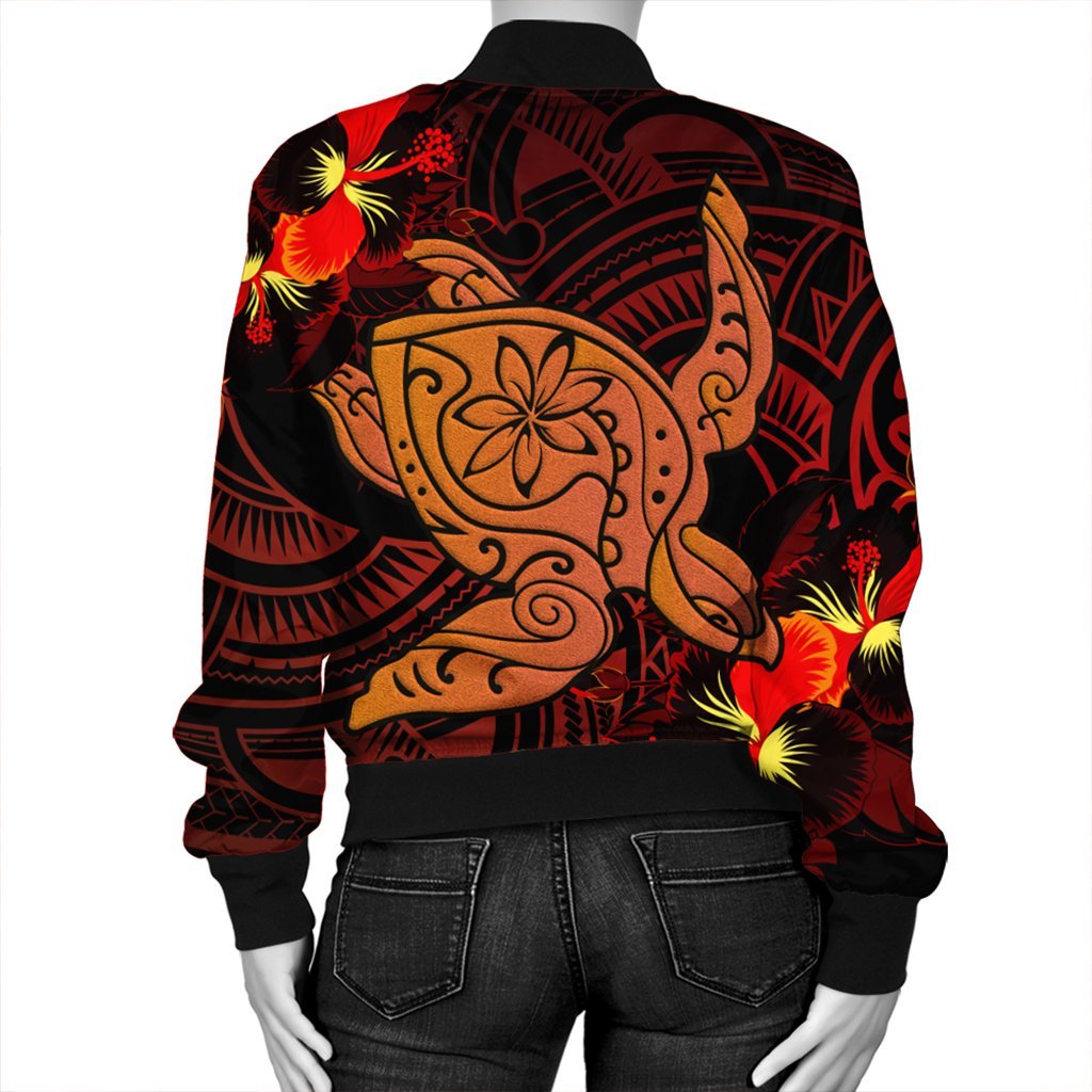 Hawaiian Hibiscus Plumeria Red Big Turtle Polynesian Bomber Jacket - AH - Polynesian Pride