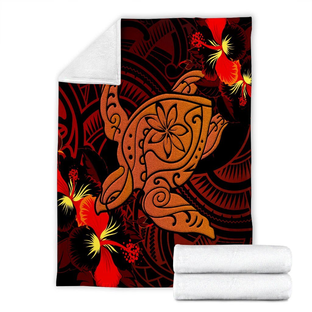 Hawaiian Hibiscus Plumeria Red Big Turtle Polynesian Premium Blankets - AH - Polynesian Pride