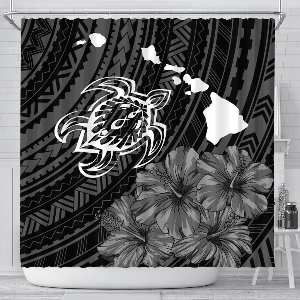 Hawaiian Hibiscus Sea Turtle Swim Polynesian Shower Curtain - AH 177 x 172 (cm) Black - Polynesian Pride