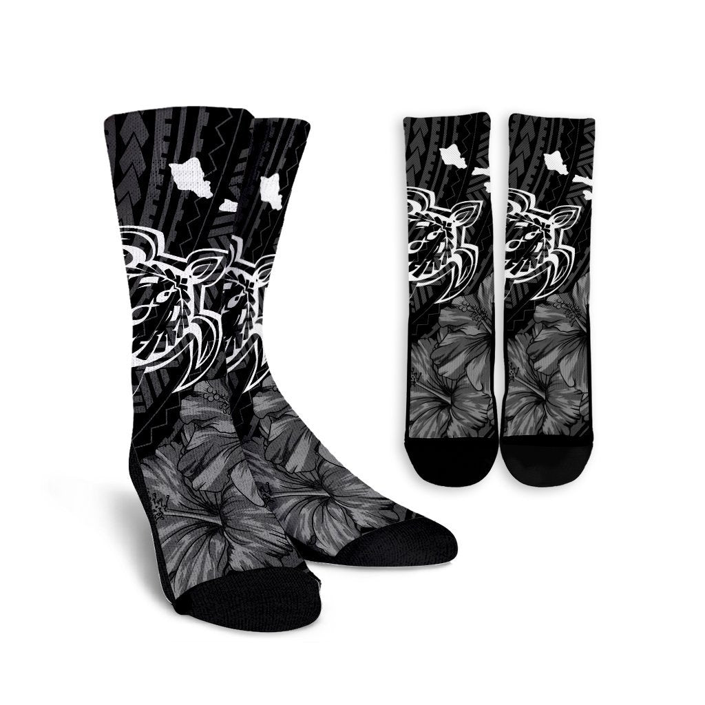 Hawaiian Hibiscus Sea Turtle Swim Polynesian Crew Socks - AH Crew Socks White - Polynesian Pride