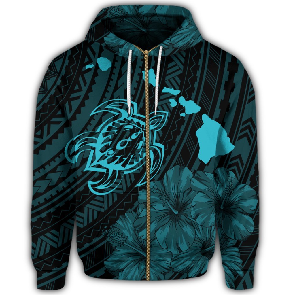 Hawaiian Hibiscus Sea Turtle Swim Polynesian Zip Hoodie Blue - Polynesian Pride