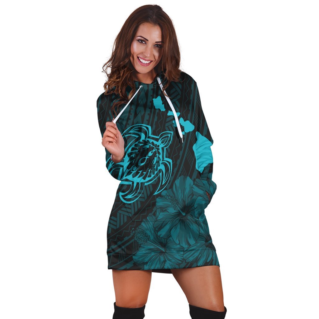 Hawaiian Hibiscus Sea Turtle Swim Polynesian Hoodie Dress - Blue - AH - Polynesian Pride