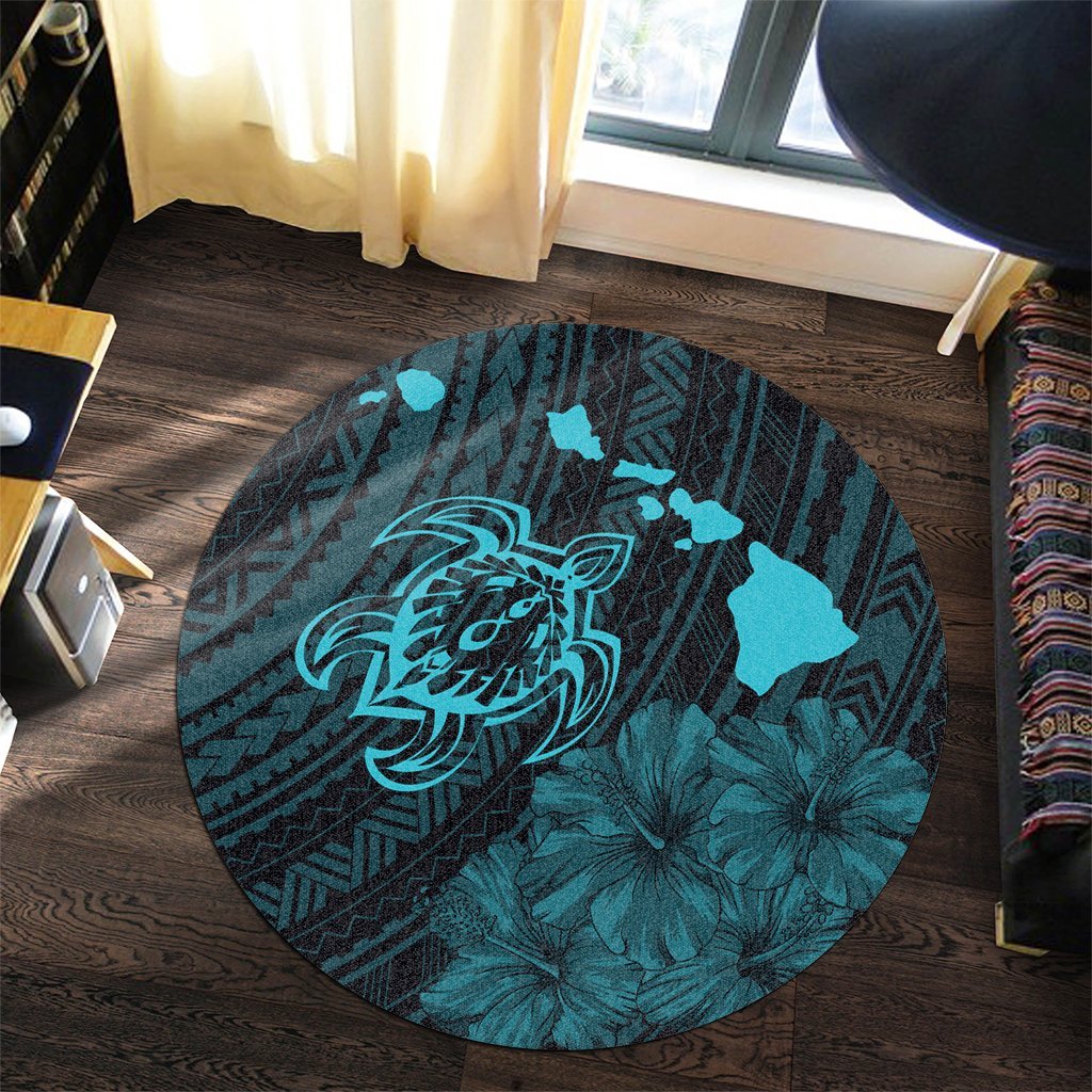 Hawaiian Hibiscus Sea Turtle Swim Polynesian Round Carpet - Blue - AH - Polynesian Pride
