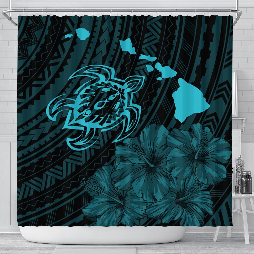 Hawaiian Hibiscus Sea Turtle Swim Polynesian Shower Curtain - Blue - AH 177 x 172 (cm) Black - Polynesian Pride