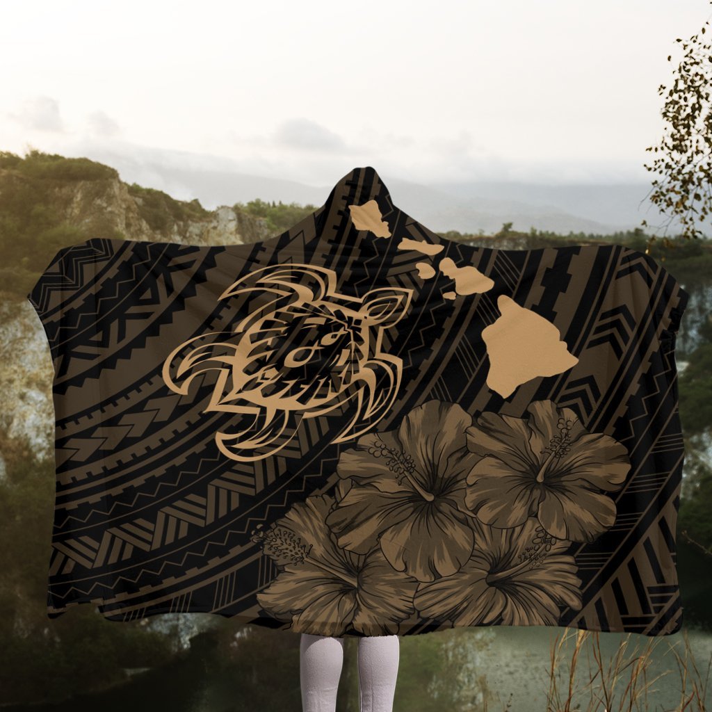 Hawaiian Hibiscus Sea Turtle Swim Polynesian Hooded Blanket - Gold - AH - Polynesian Pride