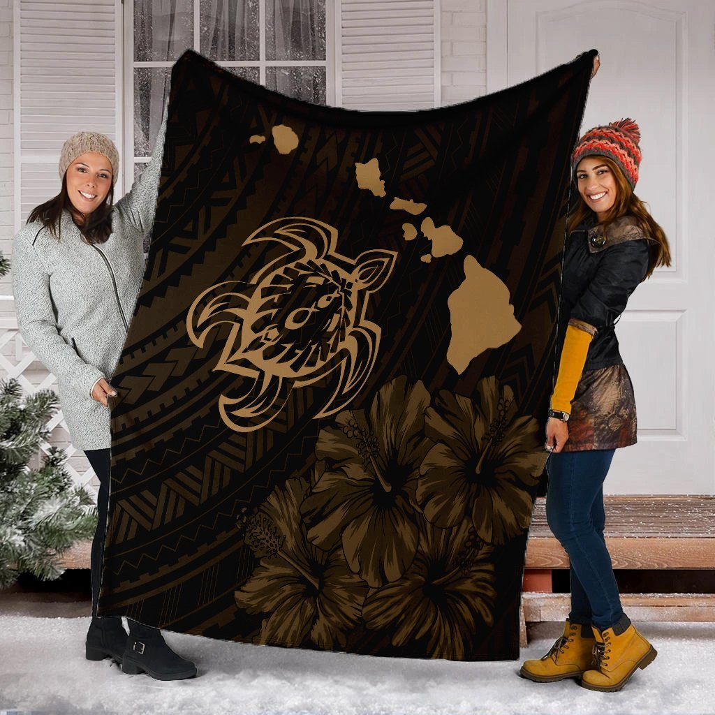 Hawaiian Hibiscus Sea Turtle Swim Polynesian Premium Blankets - Gold - AH - Polynesian Pride