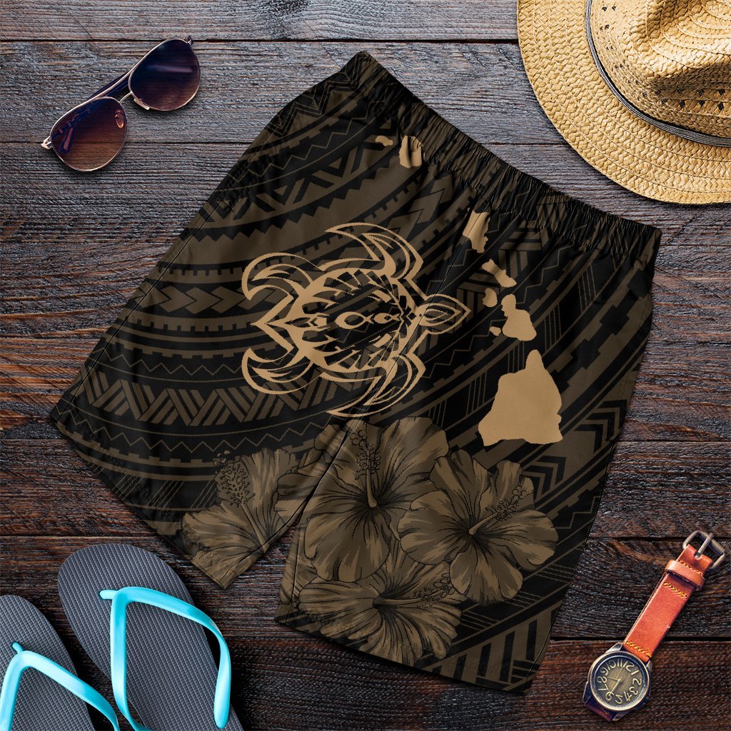 Hawaiian Hibiscus Sea Turtle Swim Polynesian Men's Shorts - Gold - AH Art - Polynesian Pride