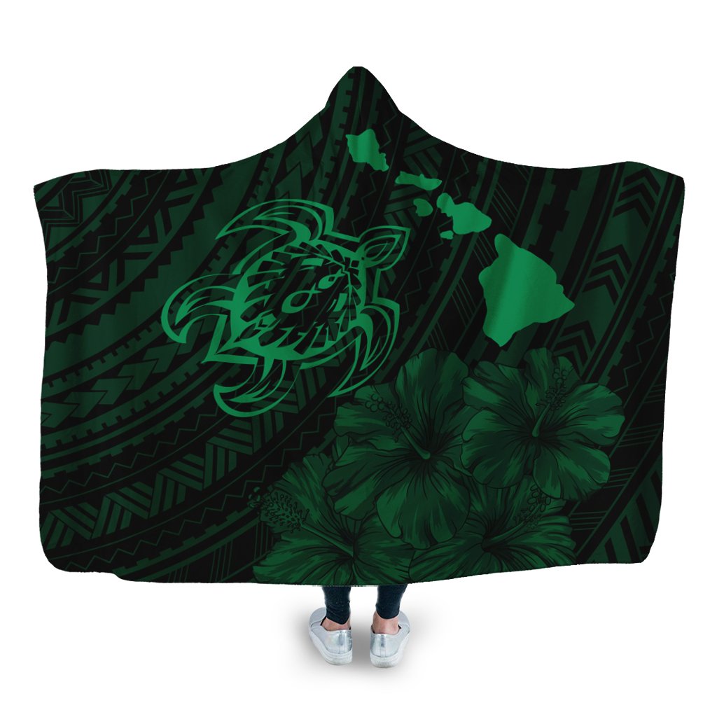 Hawaiian Hibiscus Sea Turtle Swim Polynesian Hooded Blanket - Green - AH Hooded Blanket White - Polynesian Pride