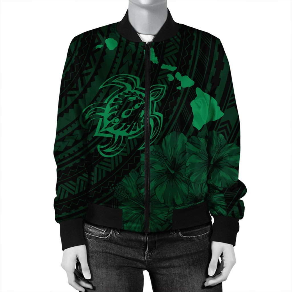 Hawaiian Hibiscus Sea Turtle Swim Polynesian Bomber Jacket - Green - AH - Polynesian Pride