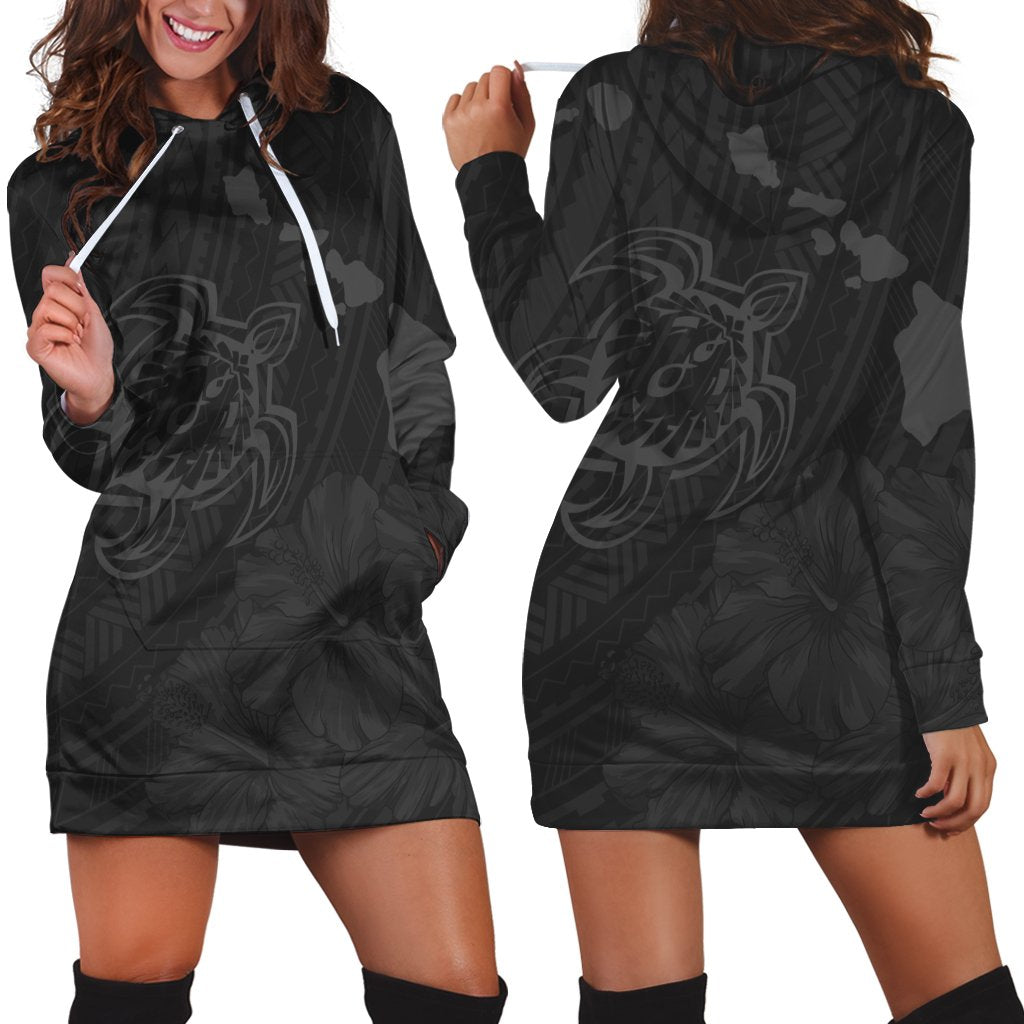 Hawaiian Hibiscus Sea Turtle Swim Polynesian Hoodie Dress - Grey - AH Black - Polynesian Pride