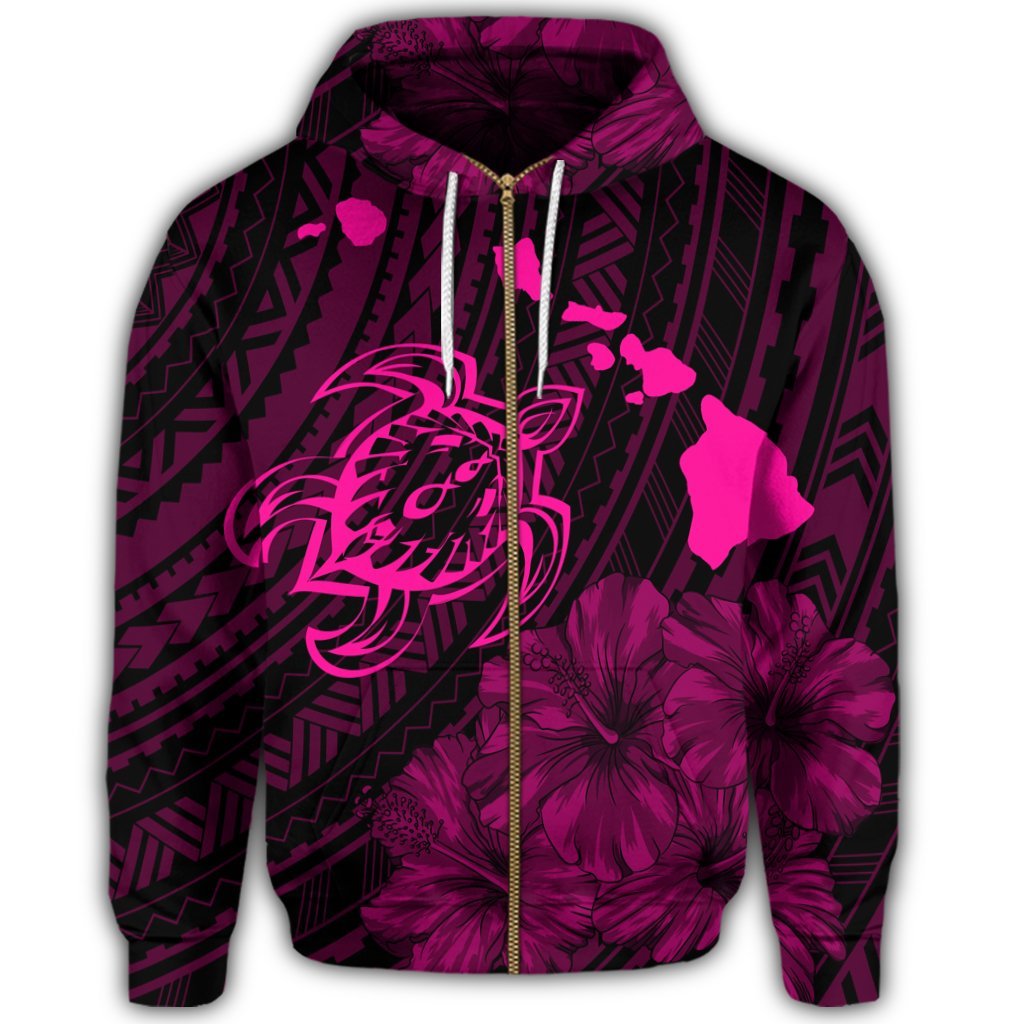 Hawaiian Hibiscus Sea Turtle Swim Polynesian Zip Hoodie Pink - Polynesian Pride