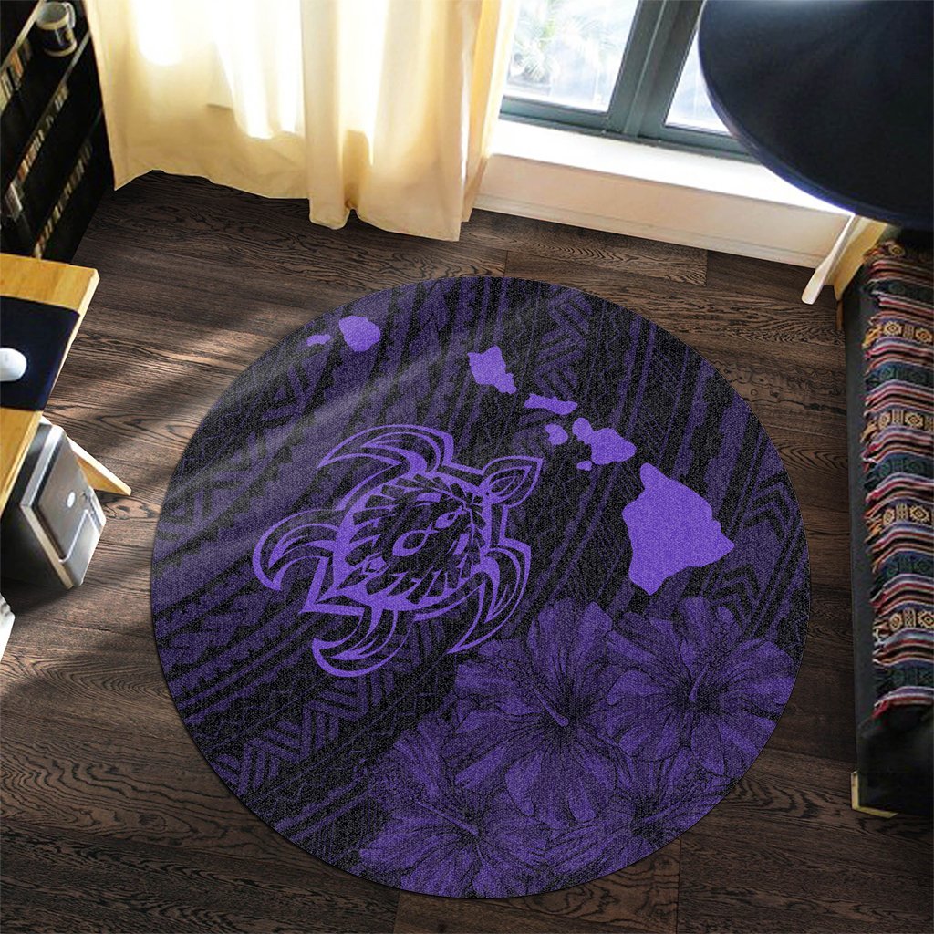 Hawaiian Hibiscus Sea Turtle Swim Polynesian Round Carpet - Purple - AH - Polynesian Pride