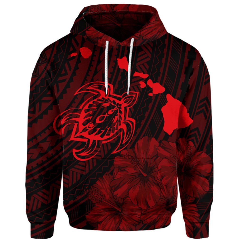 Custom Hawaiian Hibiscus Sea Turtle Swim Polynesian Hoodie Red - Polynesian Pride
