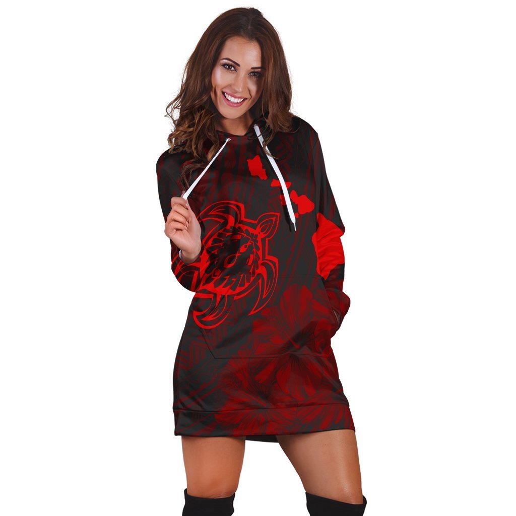 Hawaiian Hibiscus Sea Turtle Swim Polynesian Hoodie Dress - Red - AH - Polynesian Pride