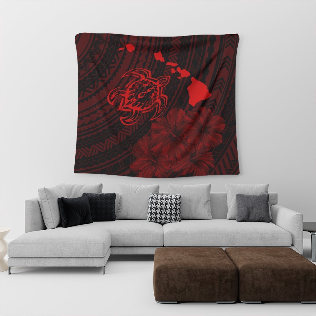 Hawaiian Hibiscus Sea Turtle Swim Polynesian Tapestry - Red - AH - Polynesian Pride
