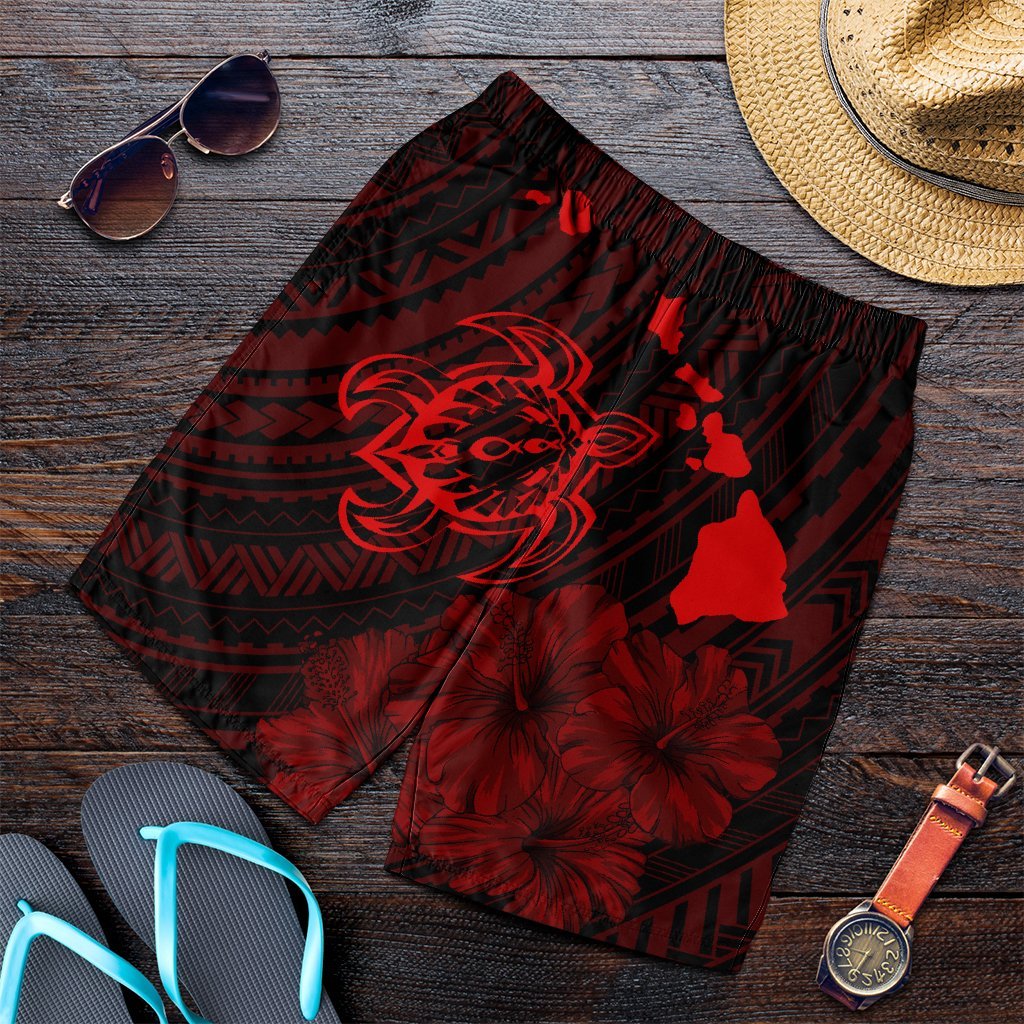 Hawaiian Hibiscus Sea Turtle Swim Polynesian Men's Shorts - Red - AH Art - Polynesian Pride