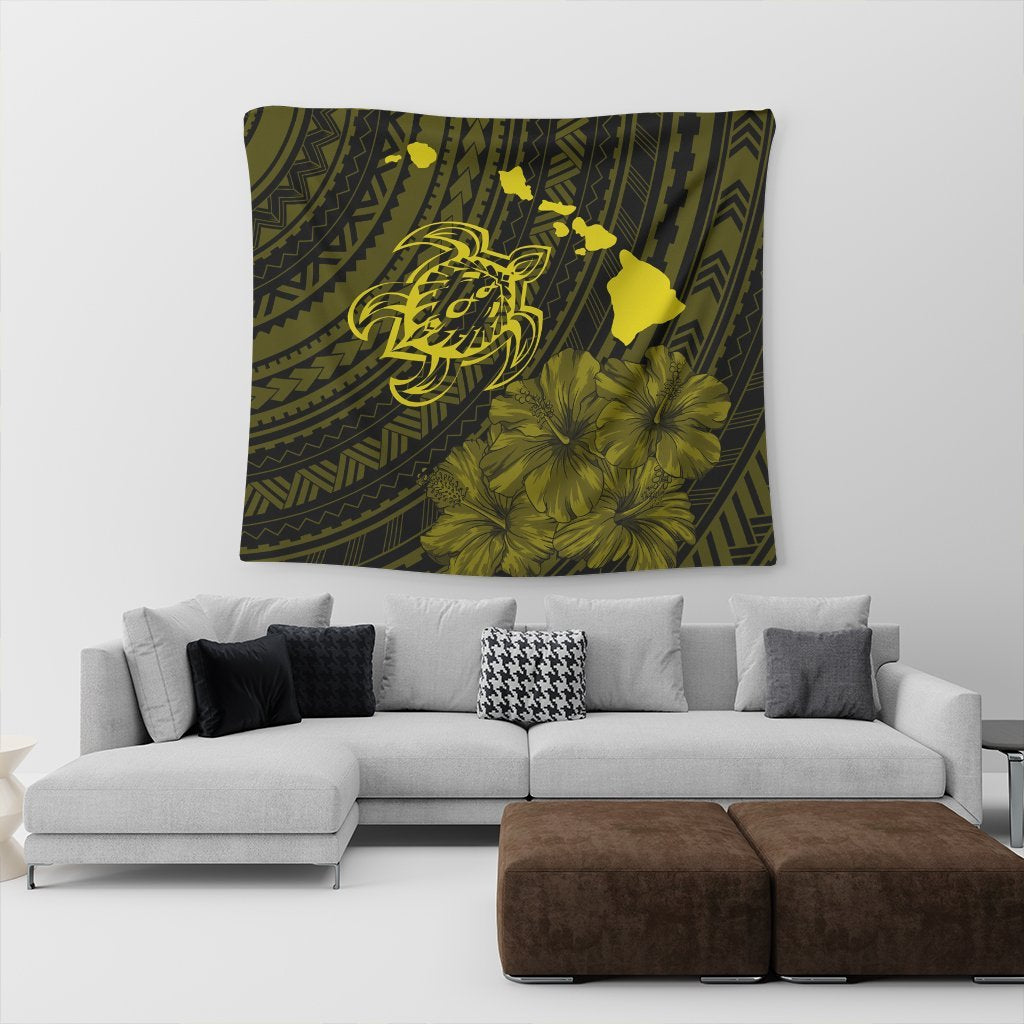 Hawaiian Hibiscus Sea Turtle Swim Polynesian Tapestry - Yellow - AH - Polynesian Pride