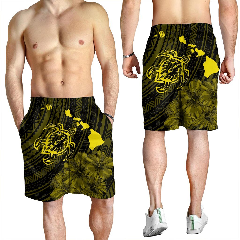 Hawaiian Hibiscus Sea Turtle Swim Polynesian Men's Shorts - Yellow - AH - Polynesian Pride