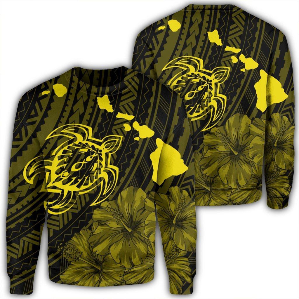 Hawaiian Hibiscus Sea Turtle Swim Polynesian Sweatshirt - Yellow - AH Unisex Black - Polynesian Pride