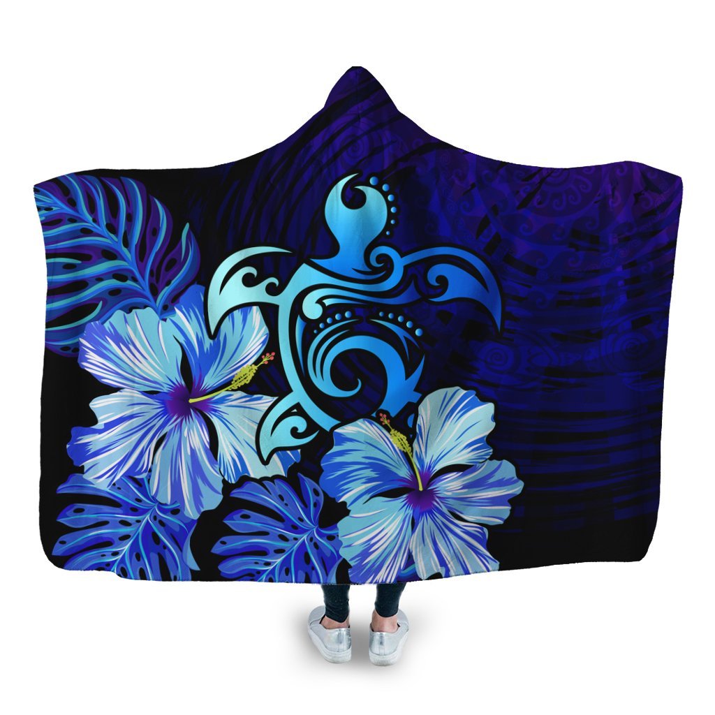 Hawaiian Hibiscus Tropical Deep Ocean Turtle Sea Hooded Blanket - AH Hooded Blanket White - Polynesian Pride