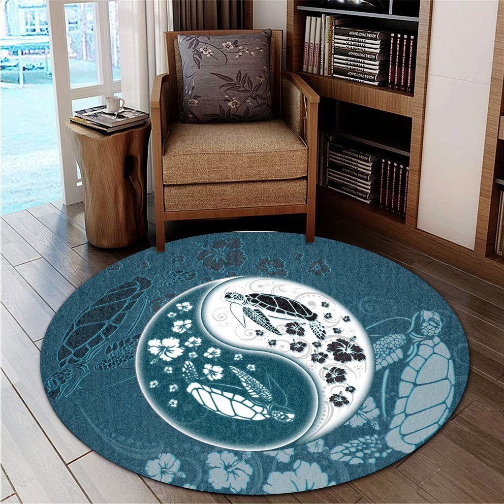 Hawaiian Hibiscus Turtle Polynesian Round Carpet YinYang Style - AH - Polynesian Pride