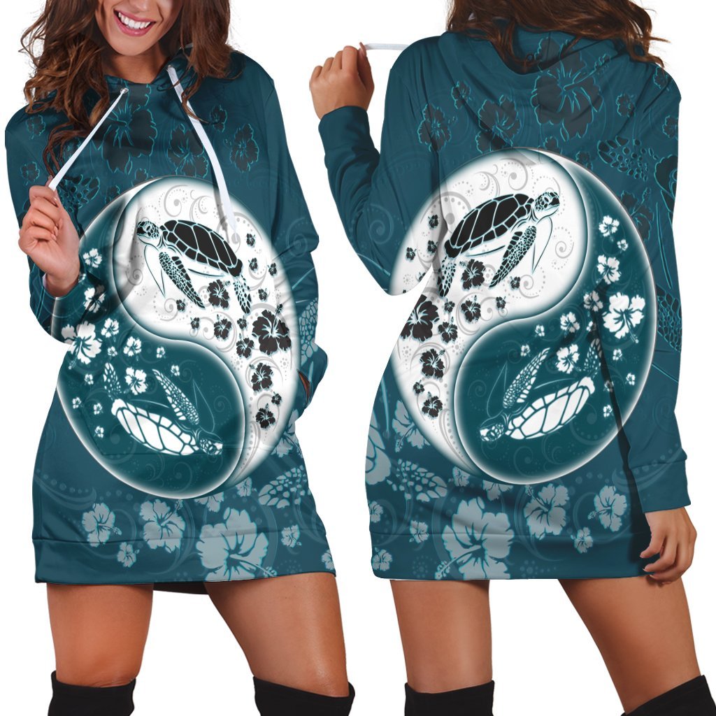 Hawaiian Hibiscus Turtle Polynesian Hoodie Dress YinYang Style - AH Black - Polynesian Pride