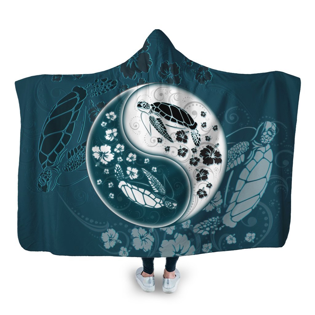 Hawaiian Hibiscus Turtle Polynesian Hooded Blanket YinYang Style - AH Hooded Blanket White - Polynesian Pride