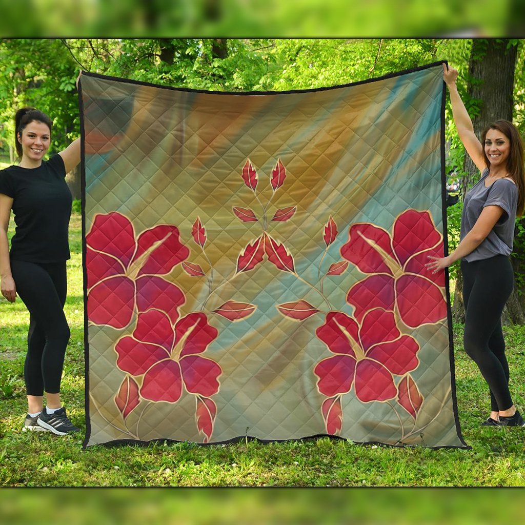 Hawaiian Hibiscus Water Color Premium Quilts - AH Black - Polynesian Pride