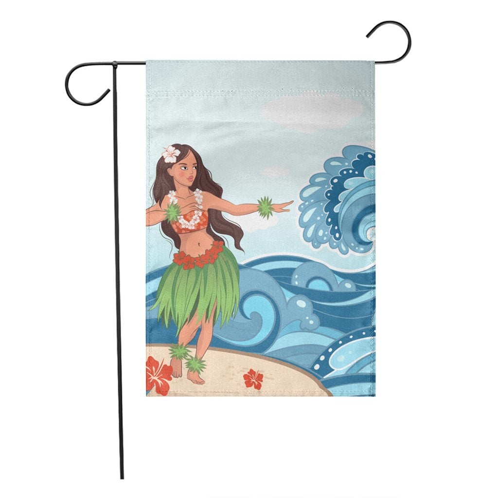 Hawaiian Hula Dance Cartoon Hibiscus Wave Flag - AH - Polynesian Pride