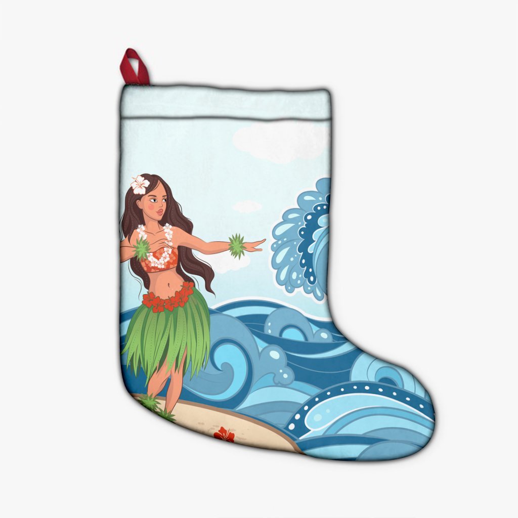 Hawaiian Hula Dance Cartoon Hibiscus Wave Christmas Stocking - AH Christmas Stocking 26 X 42 cm Black - Polynesian Pride