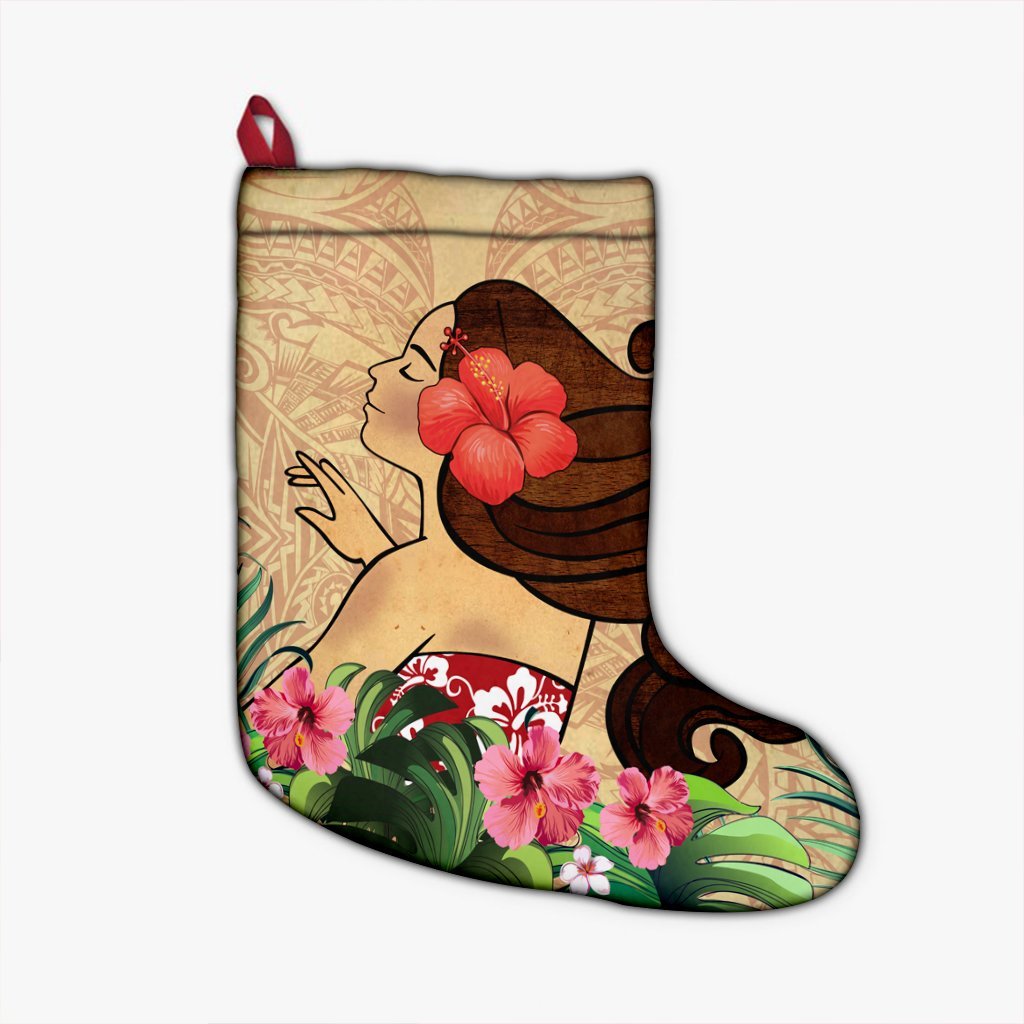 Hawaiian Hula Girl And Hibiscus Polynesian Christmas Stocking - AH Christmas Stocking 26 X 42 cm Black - Polynesian Pride