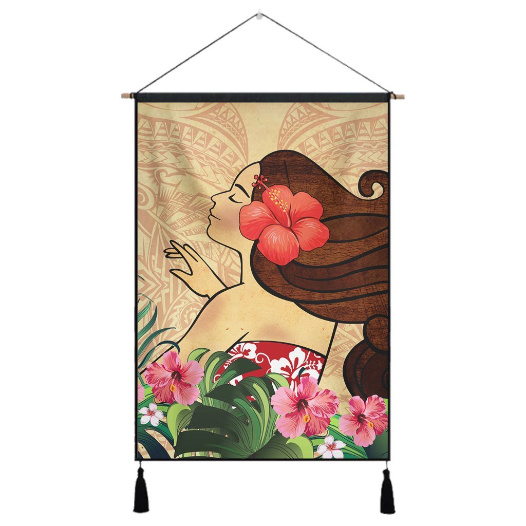 Hawaiian Hula Girl And Hibiscus Polynesian Hanging Poster - AH Hanging Poster Cotton And Linen - Polynesian Pride