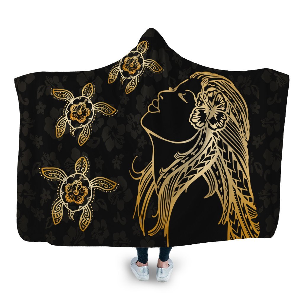 Hawaiian Hula Girl And Turtle Hibiscus Hooded Blanket - AH Hooded Blanket White - Polynesian Pride