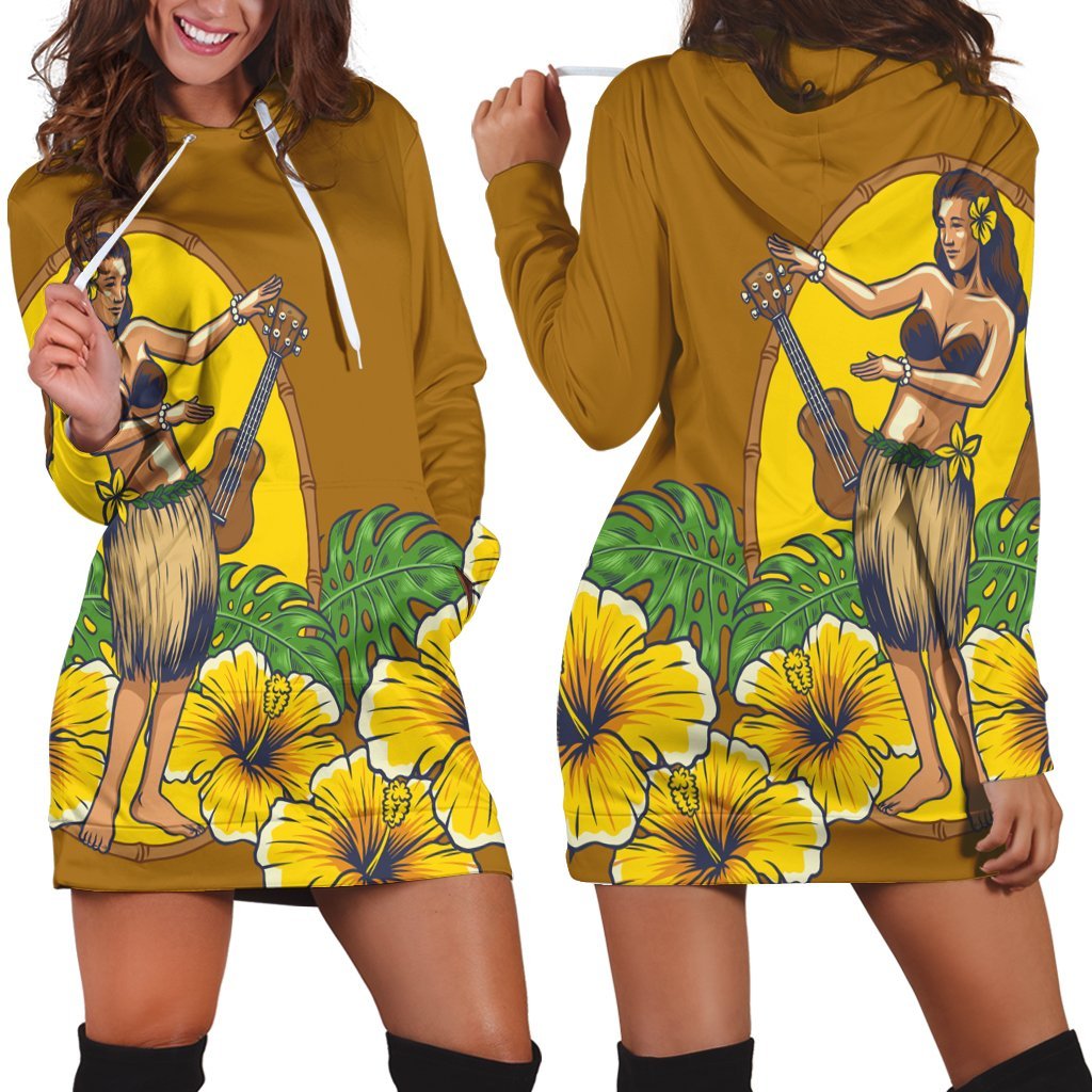 Hawaiian Hula Girl Monstera Hibiscus Polynesian Hoodie Dress - AH Black - Polynesian Pride