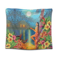 Hawaiian Hula Girl Sing In Aboriginal Village Aat Night Tapestry - AH Wall Tapestry Black - Polynesian Pride