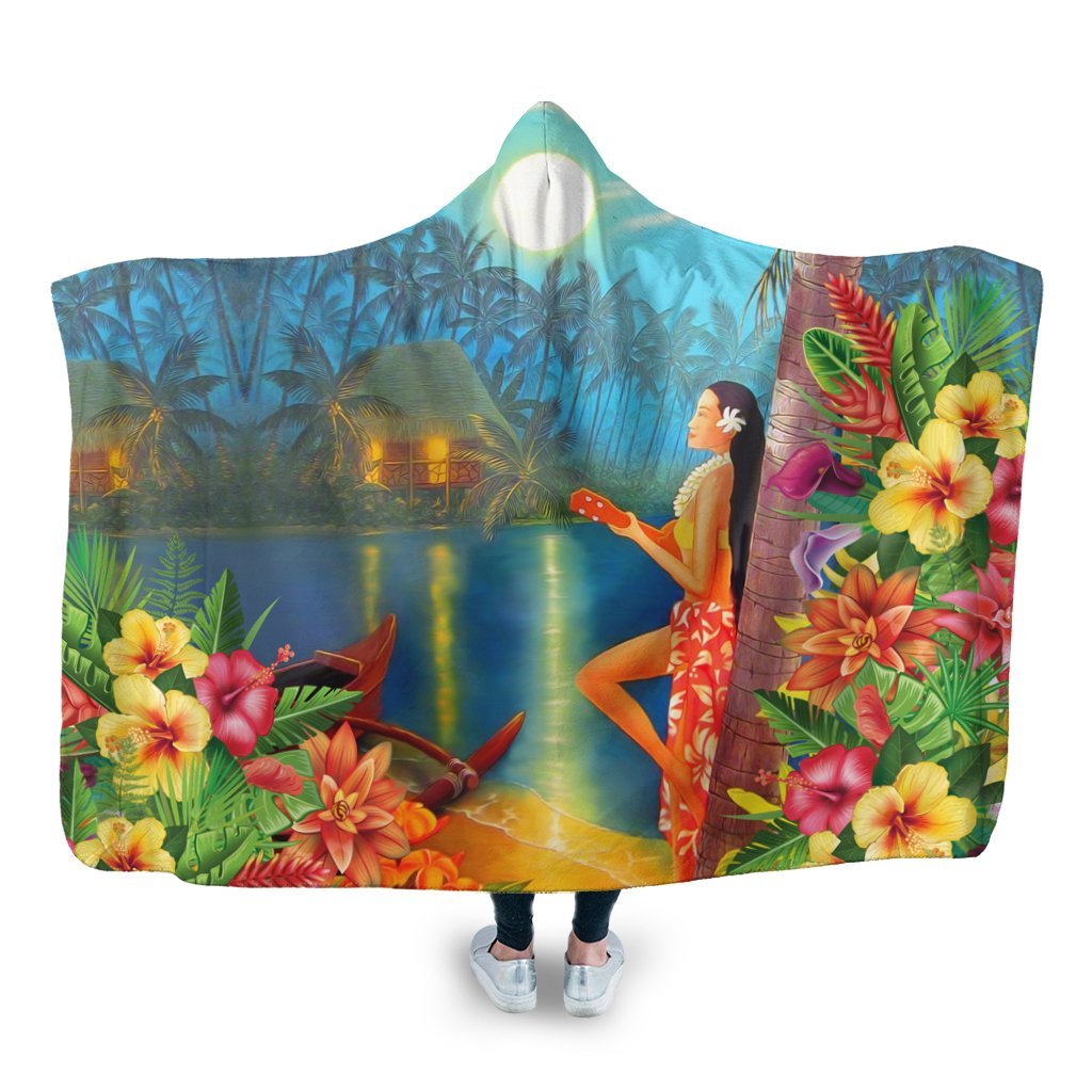 Hawaiian Hula Girl Sing In Aboriginal Village Aat Night Hooded Blanket - AH Hooded Blanket White - Polynesian Pride