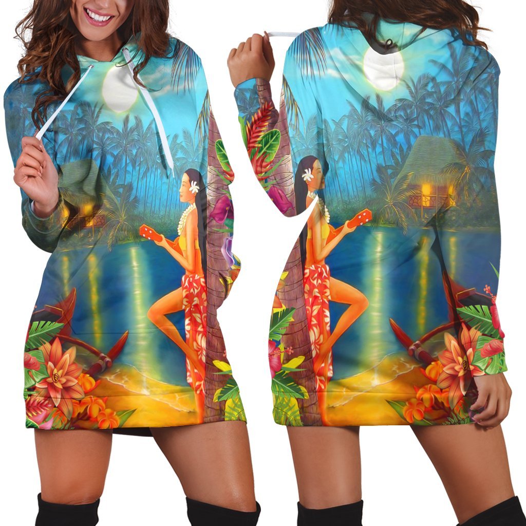 Hawaiian Hula Girl Sing In Aboriginal Village Aat Night Hoodie Dress - AH Black - Polynesian Pride