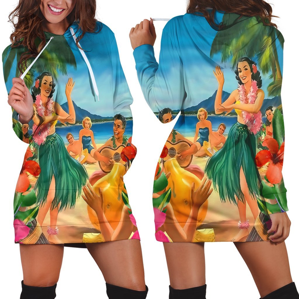 Hawaiian Hula Sing Dance On Beach Hoodie Dress - AH Black - Polynesian Pride